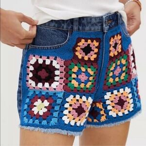 Anthropologie Farm Rio Colorful Crochet Patchwork Denim Shorts high waisted